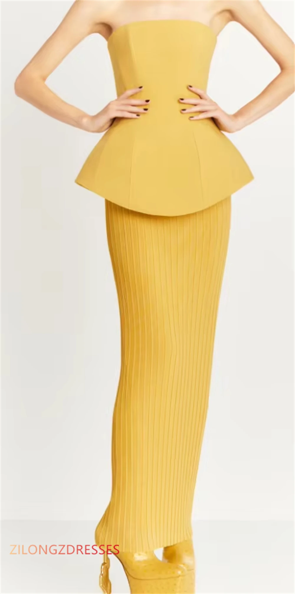 Customized  Mermaid Simple Yellow Chiffon Evening Dress Classic Strapless Sleeveless Homecoming Dresses Fashion Party G image 5