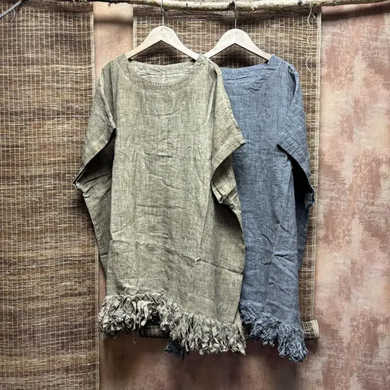 New 2026 Summer Arts Style Women O-neck Loose Tie Dye cotton linen Long Tops Tees Vintage Tassel design Batwing Sleeve T-shirt