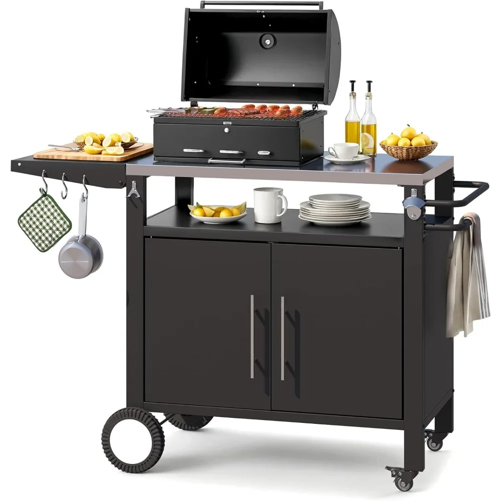 

Kitchen Storage Cabinet on Wheels, Grill Prep Table Kitchen Cabinets Island with Stainless Steel Top, Extension Plate
