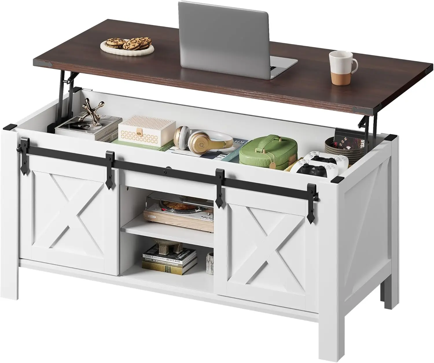

47.3' Farmhouse Lift Top Coffee Table with Sliding Barn Doors, Large Hidden Storage Compartment and