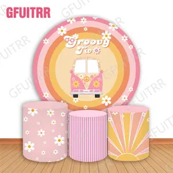 Groovy Two Round Photo Backdrop Daisy Flower Baby Shower Cylinder Covers Birthday Party Decoration Circle Background Photo Props