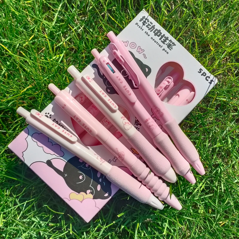 Bolígrafos de Gel Kawaii de secado rápido, 5 piezas, supersuaves, serie rosa, bonitos gatitos, tinta negra, artículos de papelería japoneses Kawaii