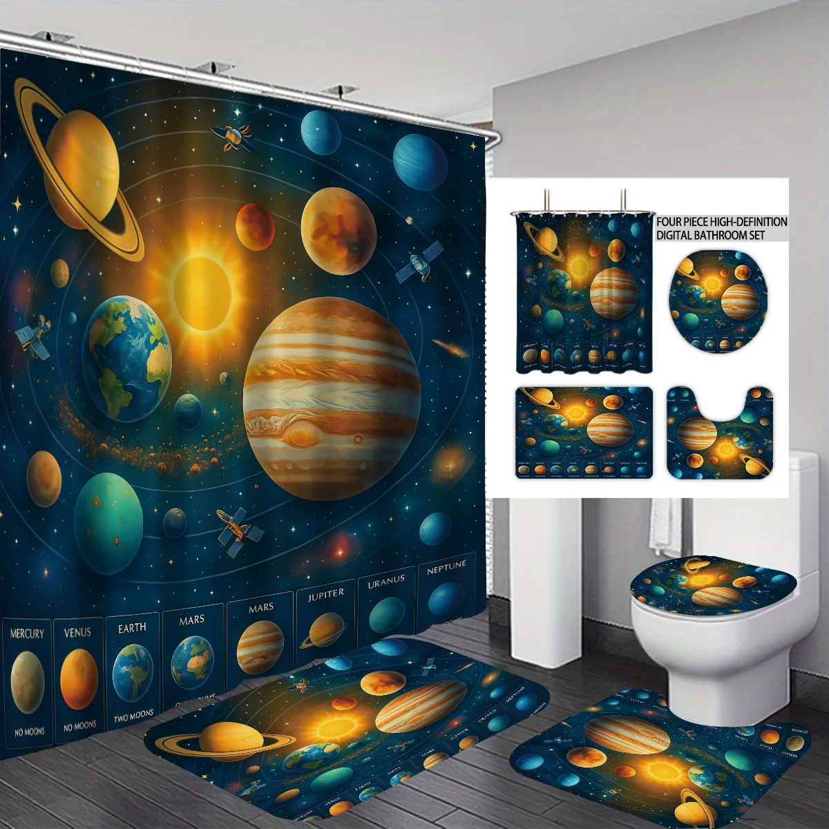 1/3/4pcs Shower Curtain 3D Print Polyester Curtain for Bathroom Decor 4pcs Set Toilet Seat Cover Bathroom/U-shaped Floor Mat