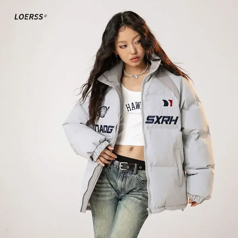 LOERSS Bomber Jacket Embroidery Contrasting Puffer Winter Thick Warm Men and Women Parka Versatile Casual Unisex Couple Coat