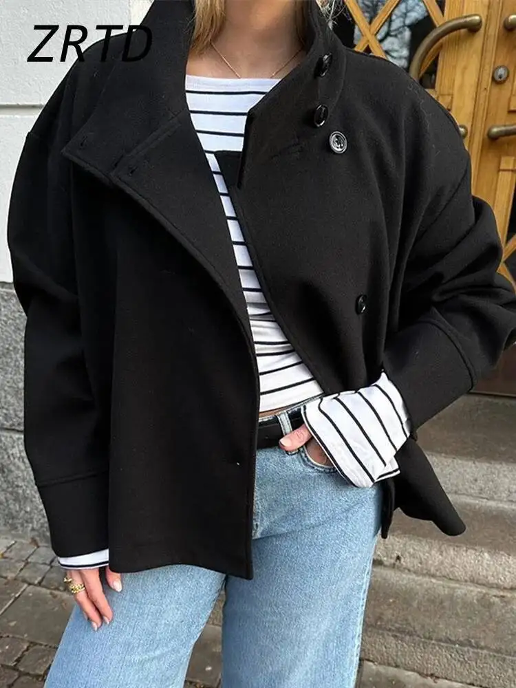 

Street Women's Short Woolen Coat Stand Collar Single Breasted Long Sleeve Pockets Jacket 2025 Autumn Lady Casual Commute Outwear