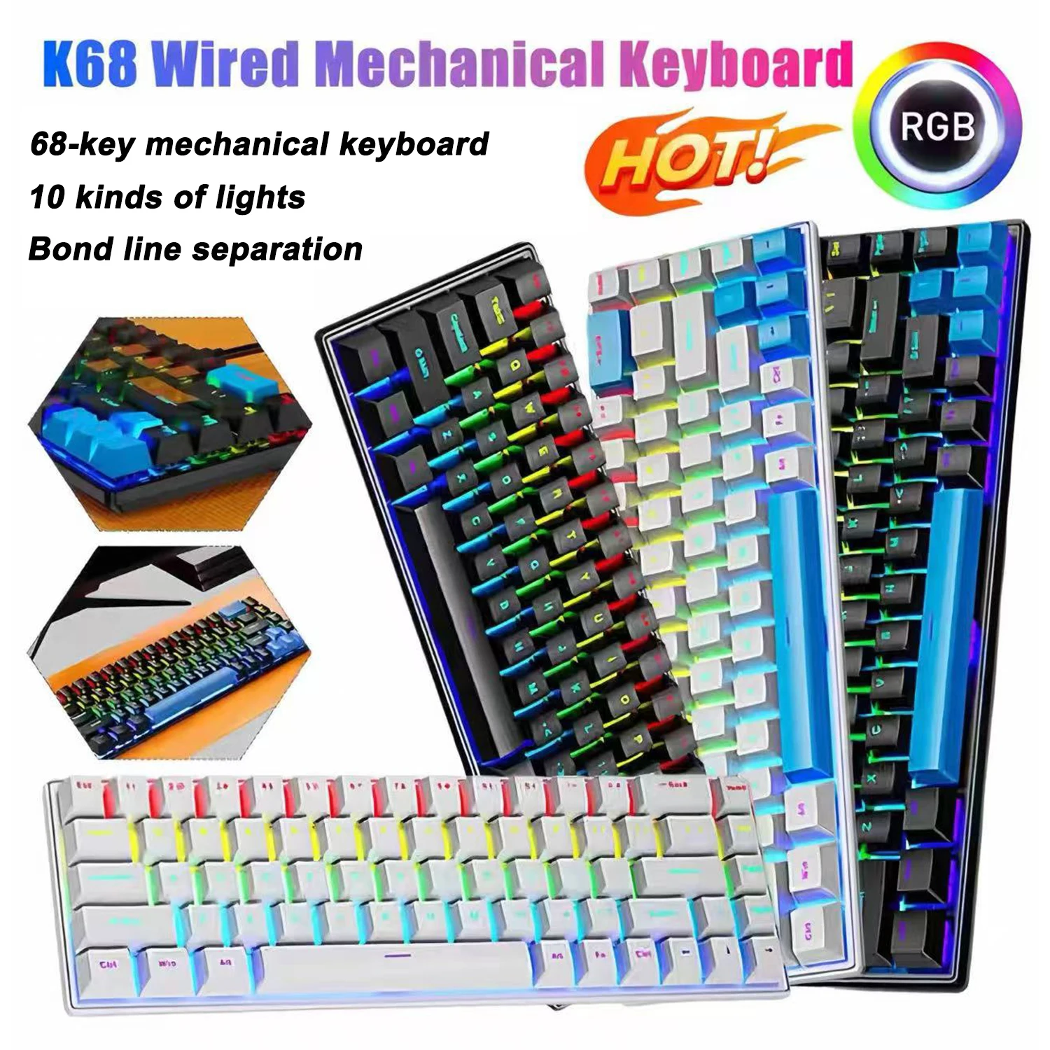 

68-клавишная механическая клавиатура с RGB-подсветкой, проводная игровая клавиатура, эргономичная клавиатура с возможностью горячей замены для офисного компьютера Win/Mac/PC