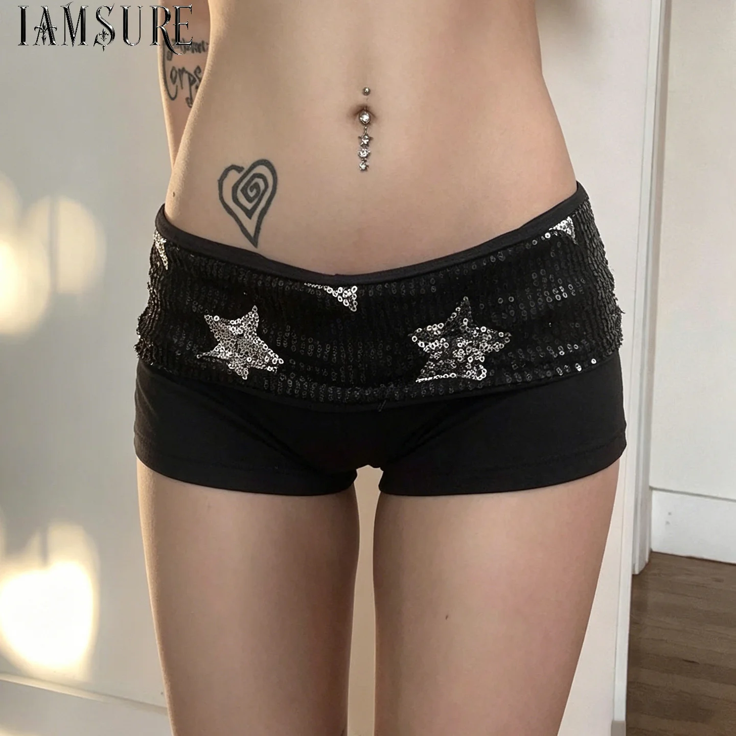 Casual Fashion Geometry Sequins Patchwork Micro Shorts Women's Fold Waist Black Straight Leg Knitte Mini Bottoms Summer Homewear