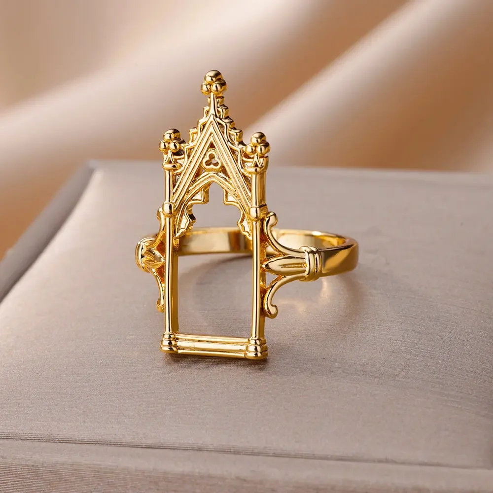 Stainless Steel Magic Mirror Rings For Women Gold Plated Aesthetic Wedding Ring Castle Flower Leaf Crown Design Luxury Jewelry