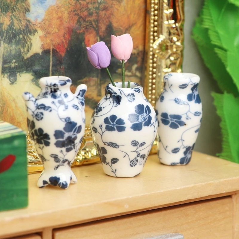 1:12 Puppenhausvase für Puppenhaus Vase Gefäßvase Minivase Blaues und weißes Porzellan mit starkem Dekor chinesischen Stil