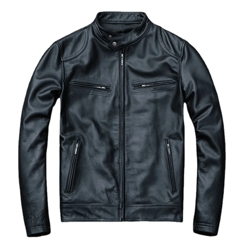 

Spring Motorcycle Genuine Leather Jacket Men Cowhide Slim Short Coat Motor Biker Racer Natural Calf Skin Clothes Size S-5XL