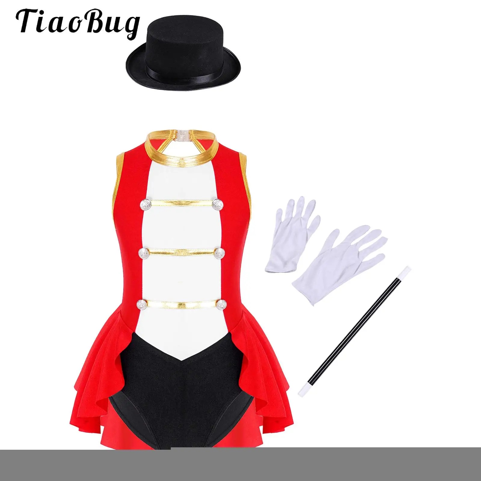 Kids Girls Ringmaster Circus Costume Sleeveless Leotard Dress with Hat Magic Wand Gloves Halloween Magician Lion Tamer Dress Up