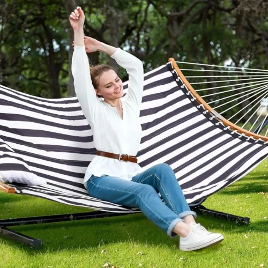 Extra Large Double Hammock with Stand and Curved Spreader Bar Black Stripes for Outdoor Relaxation Durable Polyester Fabric