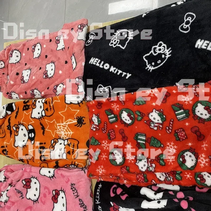 Sanrio Halloween Xmas Cartoon Hello Kitty Flannel Pajamas Women Kawaii Autumn Winter Plus Velvet Warm Casual Home Graffiti Pants