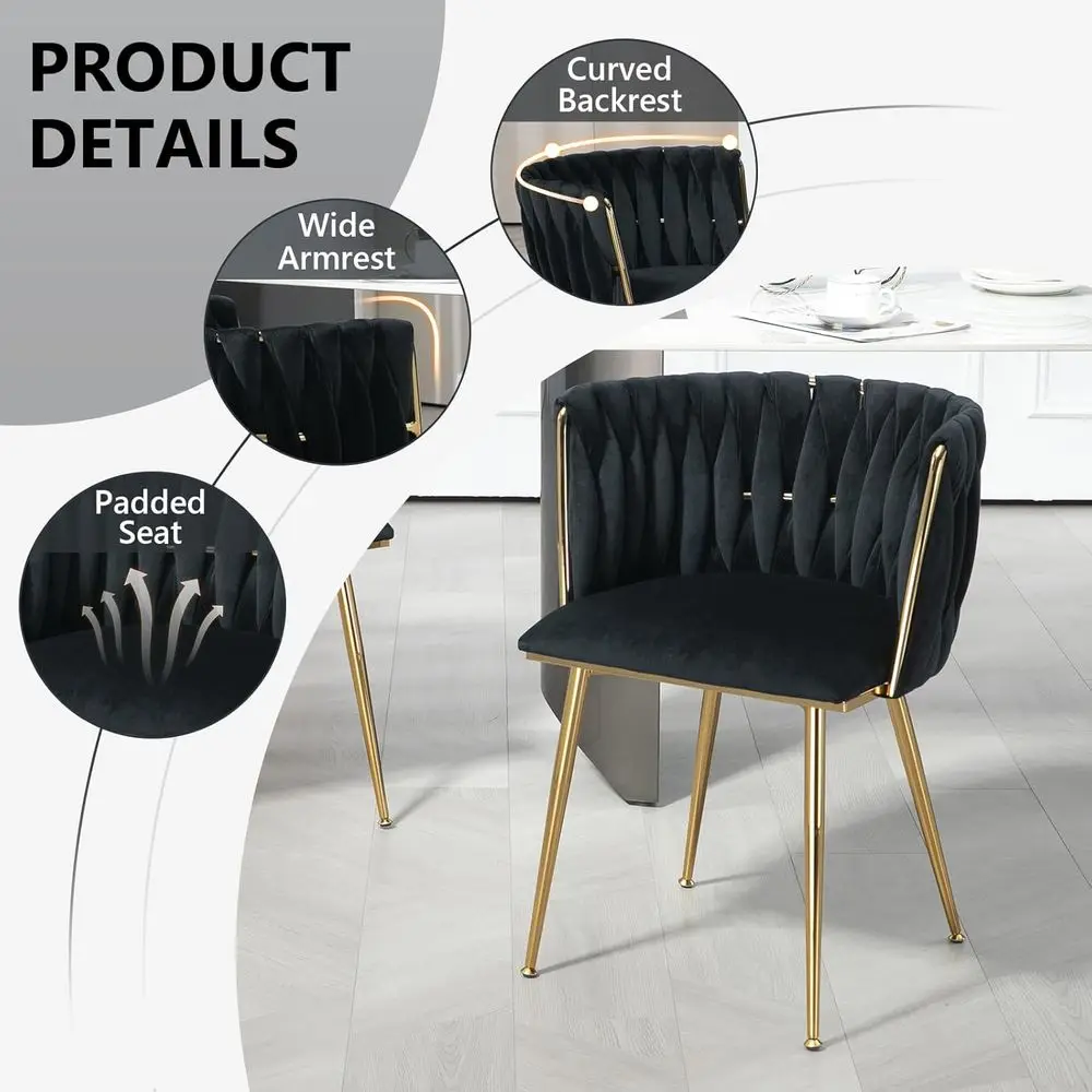 ern Hand Weaving Dining Chairs Set o 4, Velvet Upholstered Side Chairs with Gold Legs, Chic Vanity Chairs with Armrest, Accent C view 5