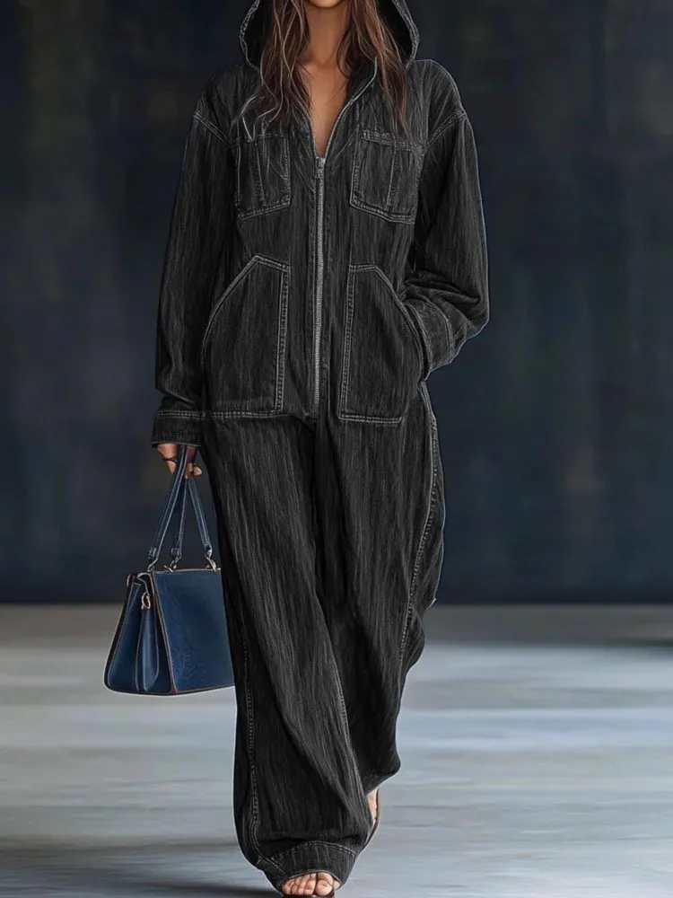 

Autumn And Winter New Commuting Jumpsuit Trousers Women's Personality High Street Lazy Casual Zipper Jumpsuit Denim Trousers