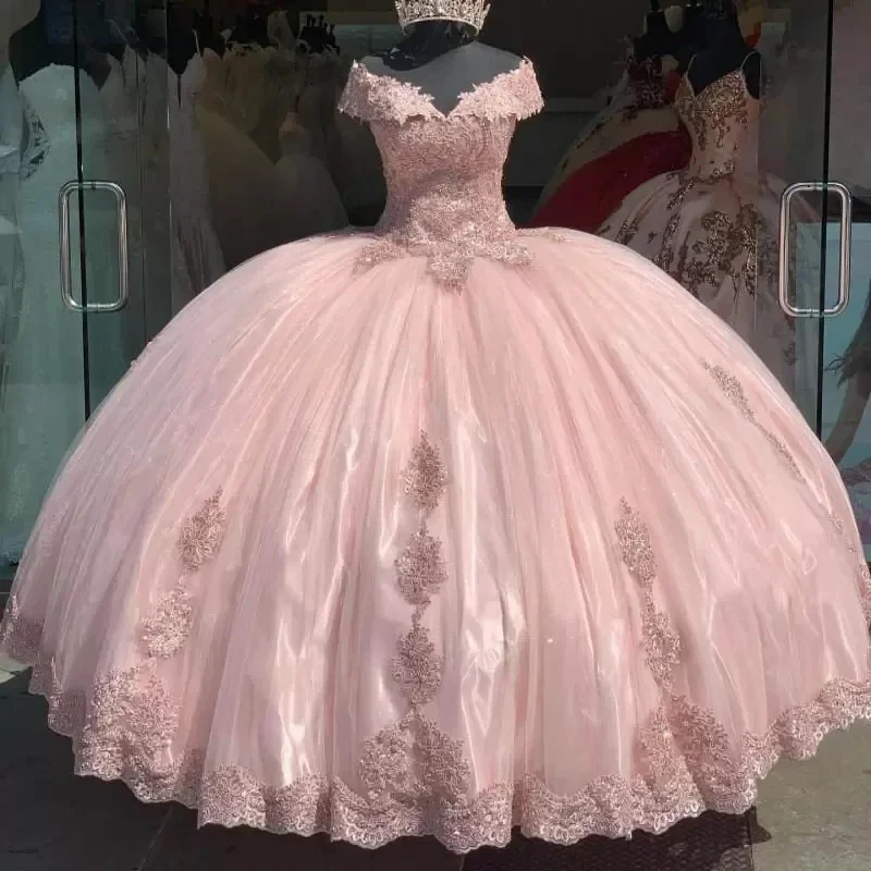 

Vintage Pink Off-Shoulder Princess Quinceanera Dresses 15 Party Lace Applique Beading Formal Cinderella Birthday Ball Gown