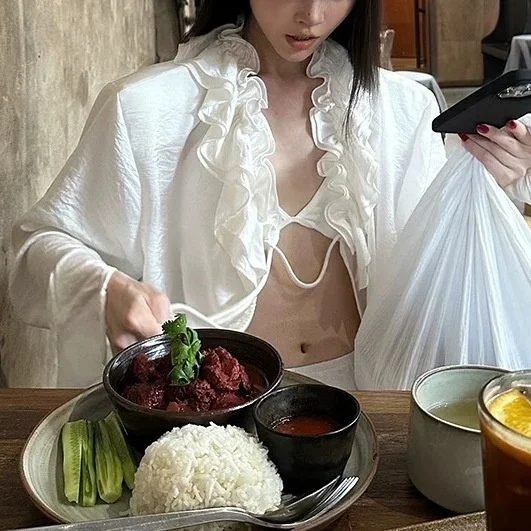 

Romantic Lace Trim Belted Satin Texture Women's Shirt Commute Style Loose Fit Long Sleeve Business Casual Chinese Made