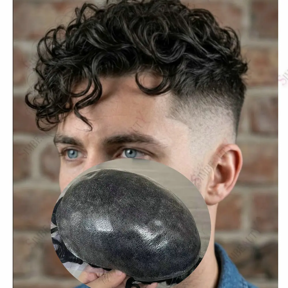 25mm Loose Curly Durable Full Skin Base Human Hair Men's Toupee Capillary Prosthesis System Black/Brown/Grey Natural Frontline