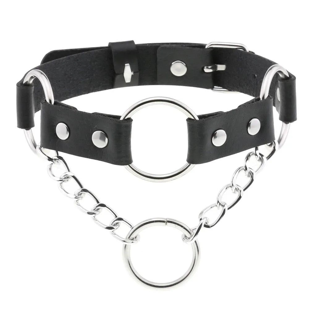 Punk Gothic Personality Fashion O-shaped lifting ring Multicolored Leather Stainless steel Clavicle chain Simple Rock and roll
