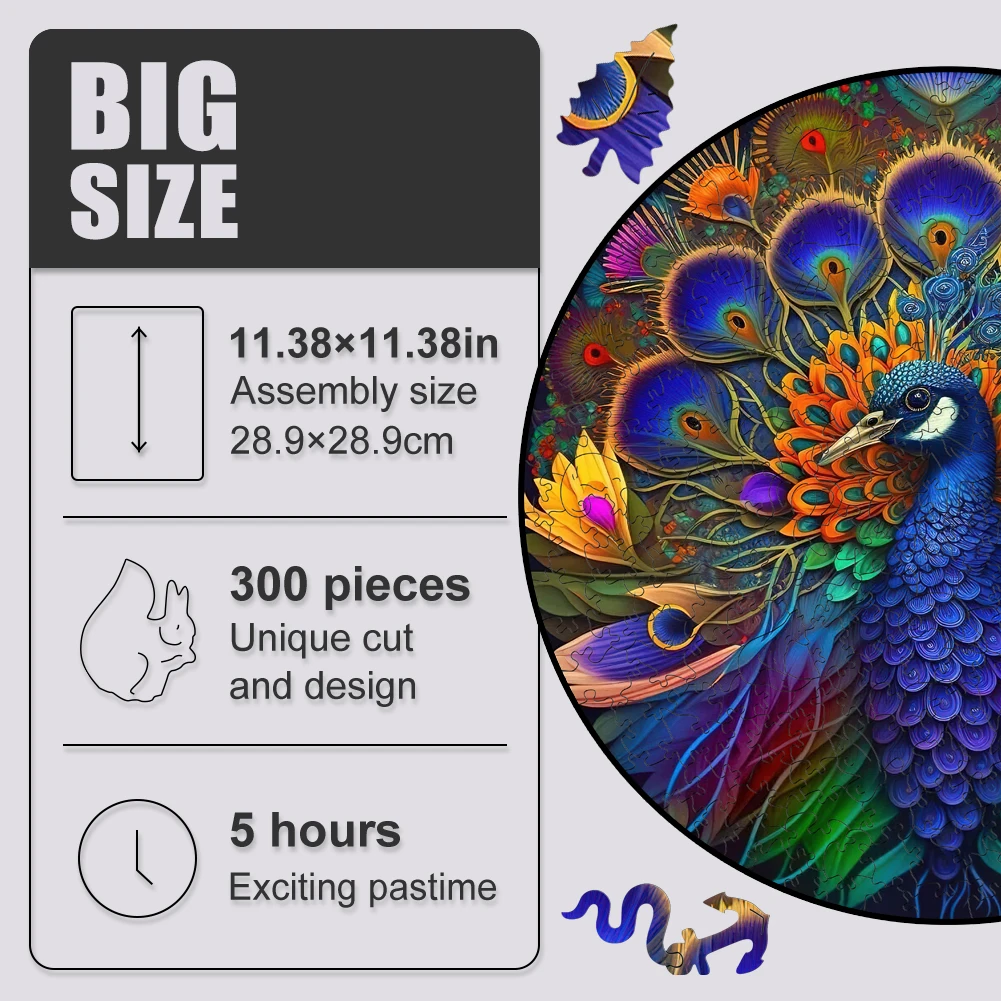 Mandala Peacock Wooden Jigsaw Puzzle para adultos e crianças, Wooden Puzzles Toys, Round Shape, Animal Party Games