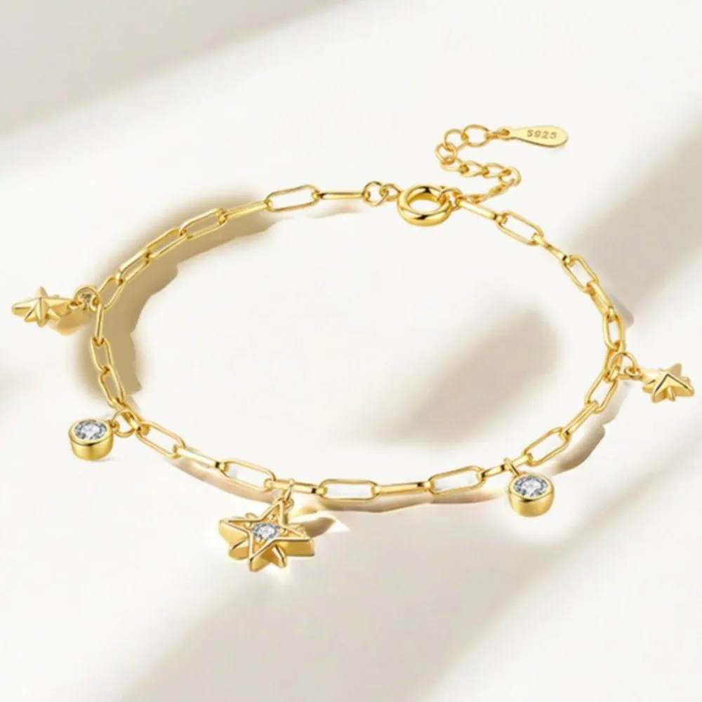 New 925 Sterling Silver Exquisite Golden Starry Bracelet Chain Link Women Bracelet Birthday Festival Jewelry Gifts