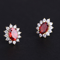 925 Sterling Silver 18K Gold Plated Ruby Color Stud Earrings Garnet Red Cubic Zirconia Retro Elegant Earrings for Women