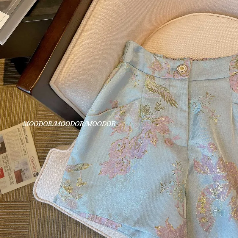 Summer Women's Shorts Embroidered Satin Vintage Pants with Elastic Waist Wide Leg Blue Hip Pants Fashionable Women's Clothing