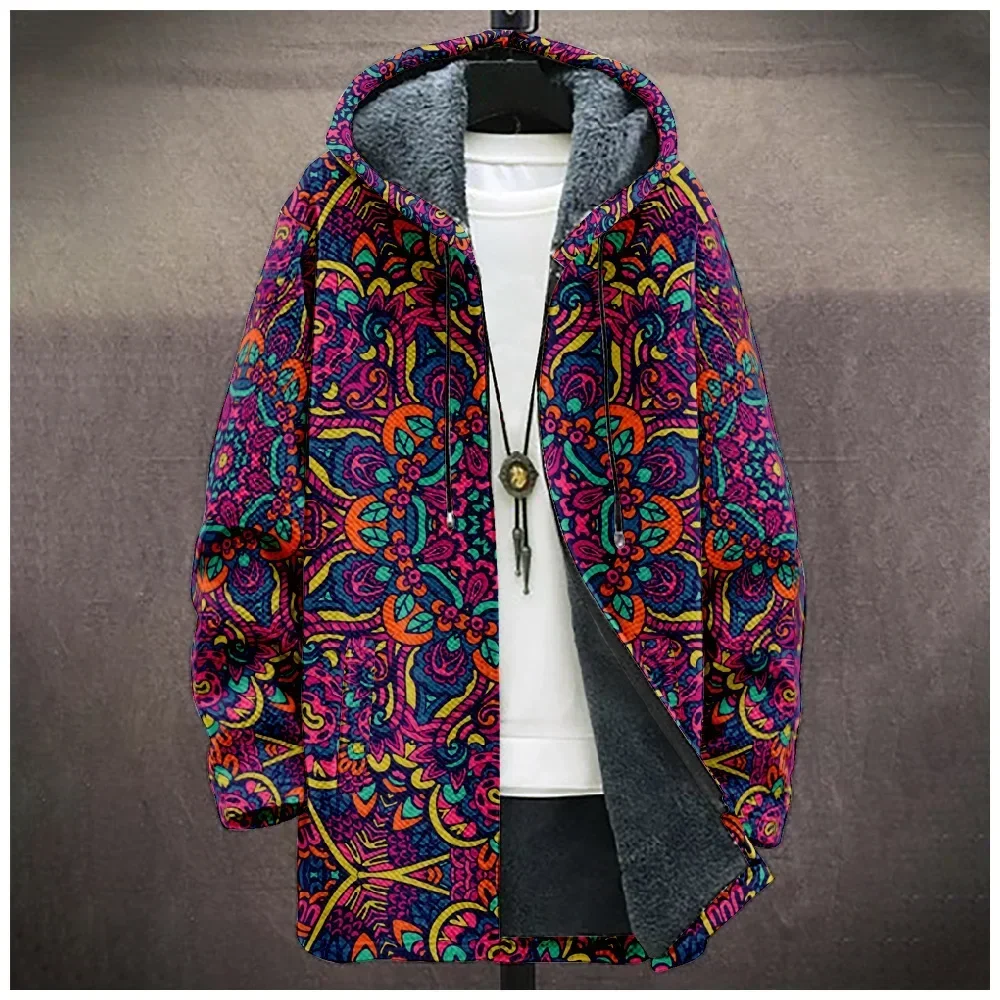 Men Cardigans Coats Cashew Flower Pattern Art Graphics Printed Plush Thick Winter Casual Streetwear Unisex Women Clothing