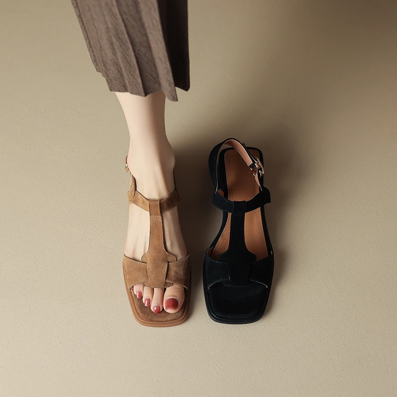 Women Retro Sandals Shoes 3.5cm Thick Heels Kid Suede Casual Style Shoes Women Elegant Sandals Concise Style LX74
