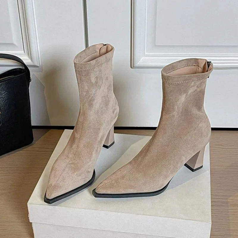Women's Suede Pointed Toe Ankle Boots 2026 French Style Khaki Block Heel Elastic Sock Top Stretch Fit Slip on Office Shoes