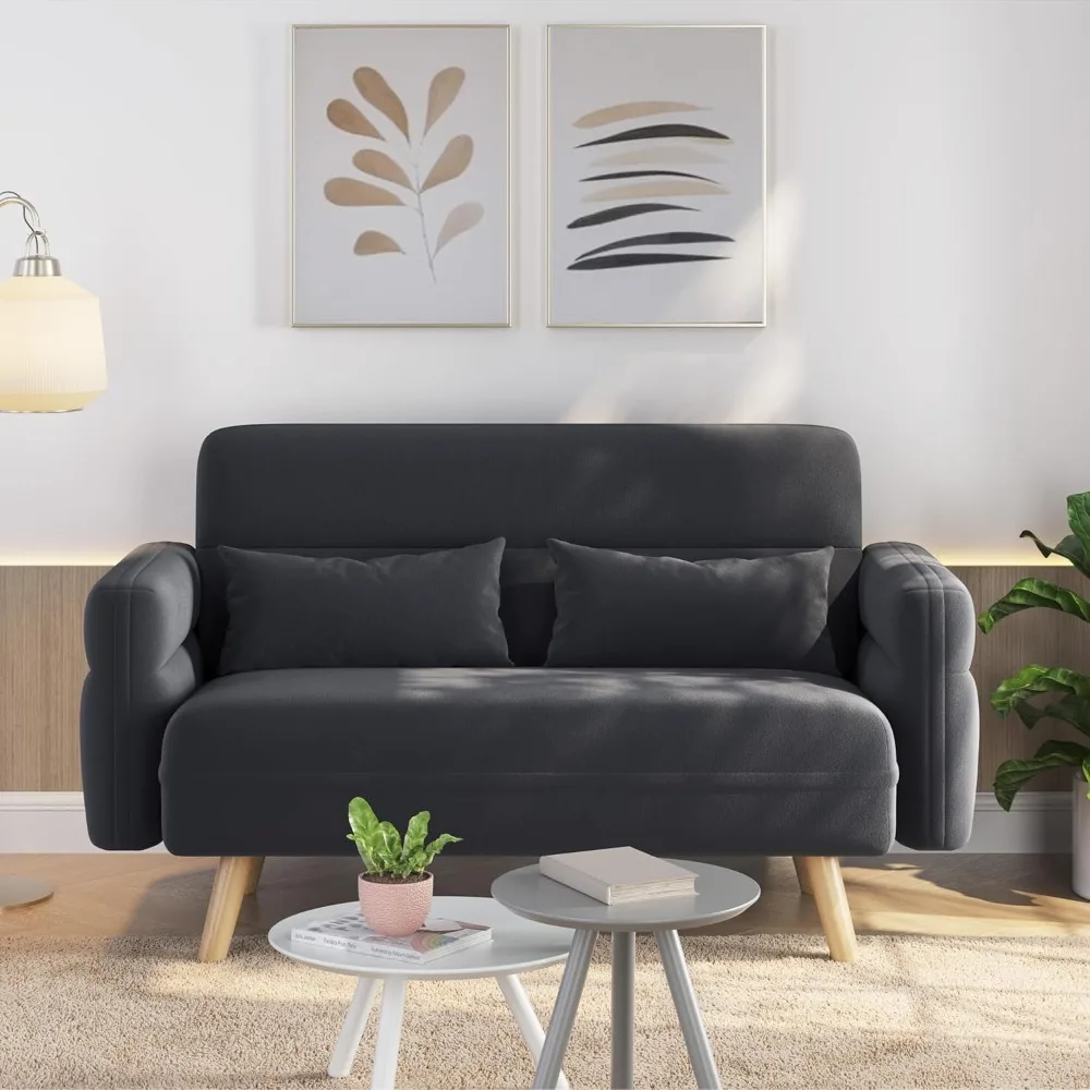 

46" Small Modern Fabric Sofa Loveseat Mid Century 2 Seater Sofa Couch with Lumbar Pillows, Solid Wood Legs for Living Room, Sma