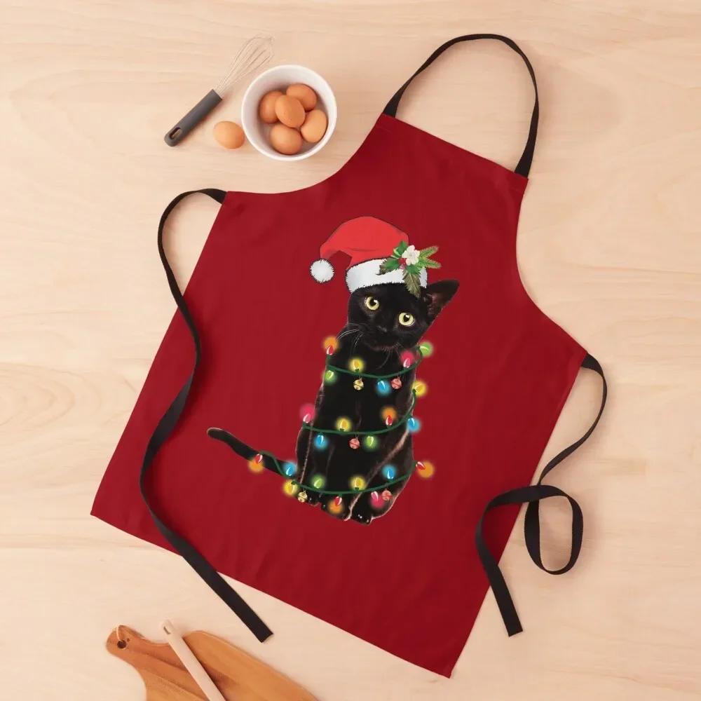 Santa Black Cat Tangled Up In Christmas Tree Lights Holiday Apron manicurist japanese style Home And Kitchen Apron