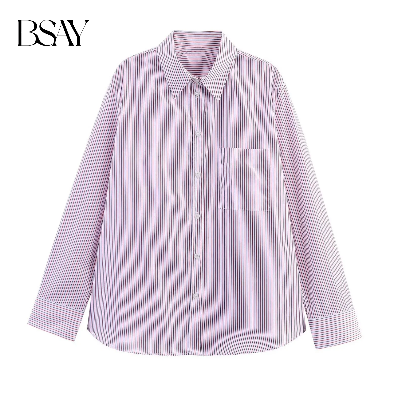 

BSAY Pink Single Row Button Women's Collar Autumn New Collection 2025 Series Striped Poplin Long Sleeve Shirt
