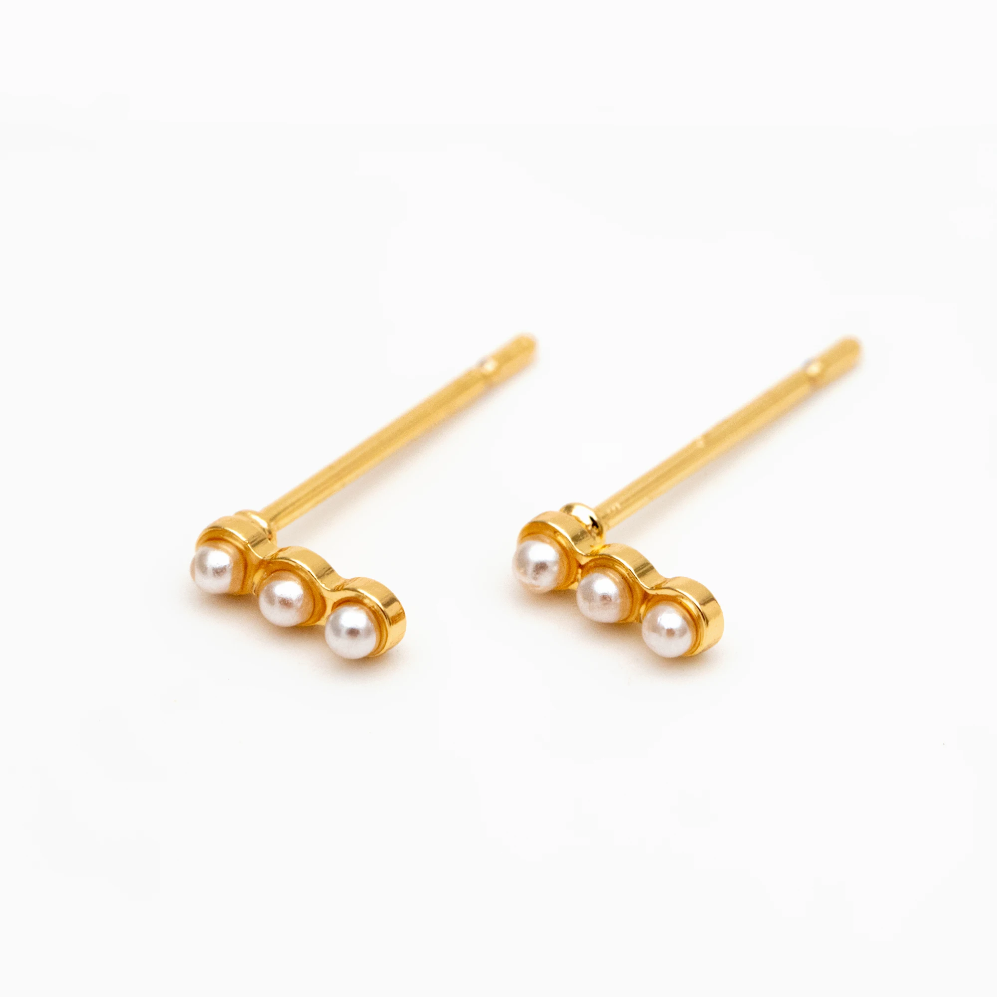 

10pcs Faux Pearl Pave Gold Bar Earrings, Real Gold Plated Brass Minimalist Stud Earrings (GB-4059)