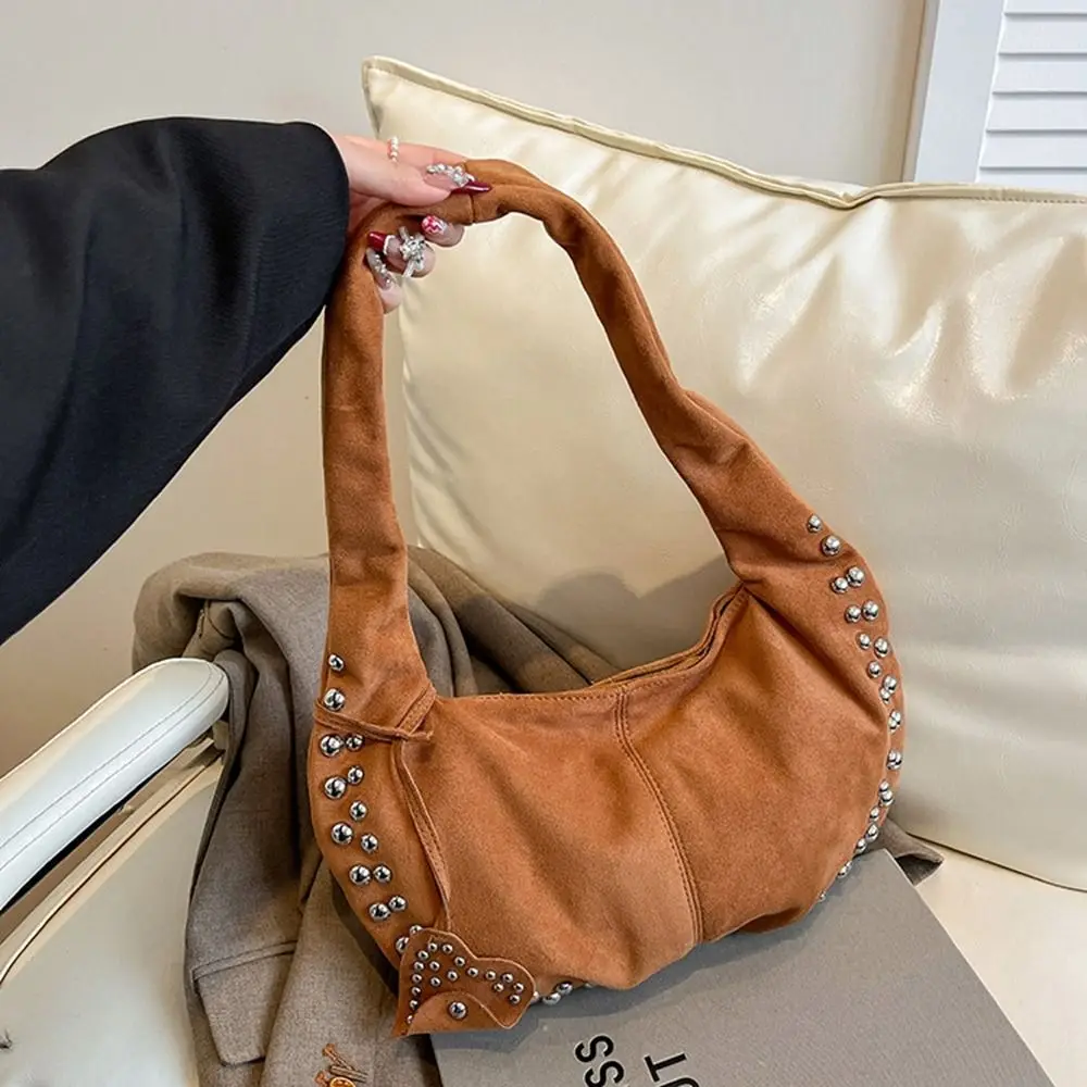 

Retro American Style Deerskin Velvet Leather Handbag Fashion Design Korean Style Locomotive Style Underarm Bag Solid Color