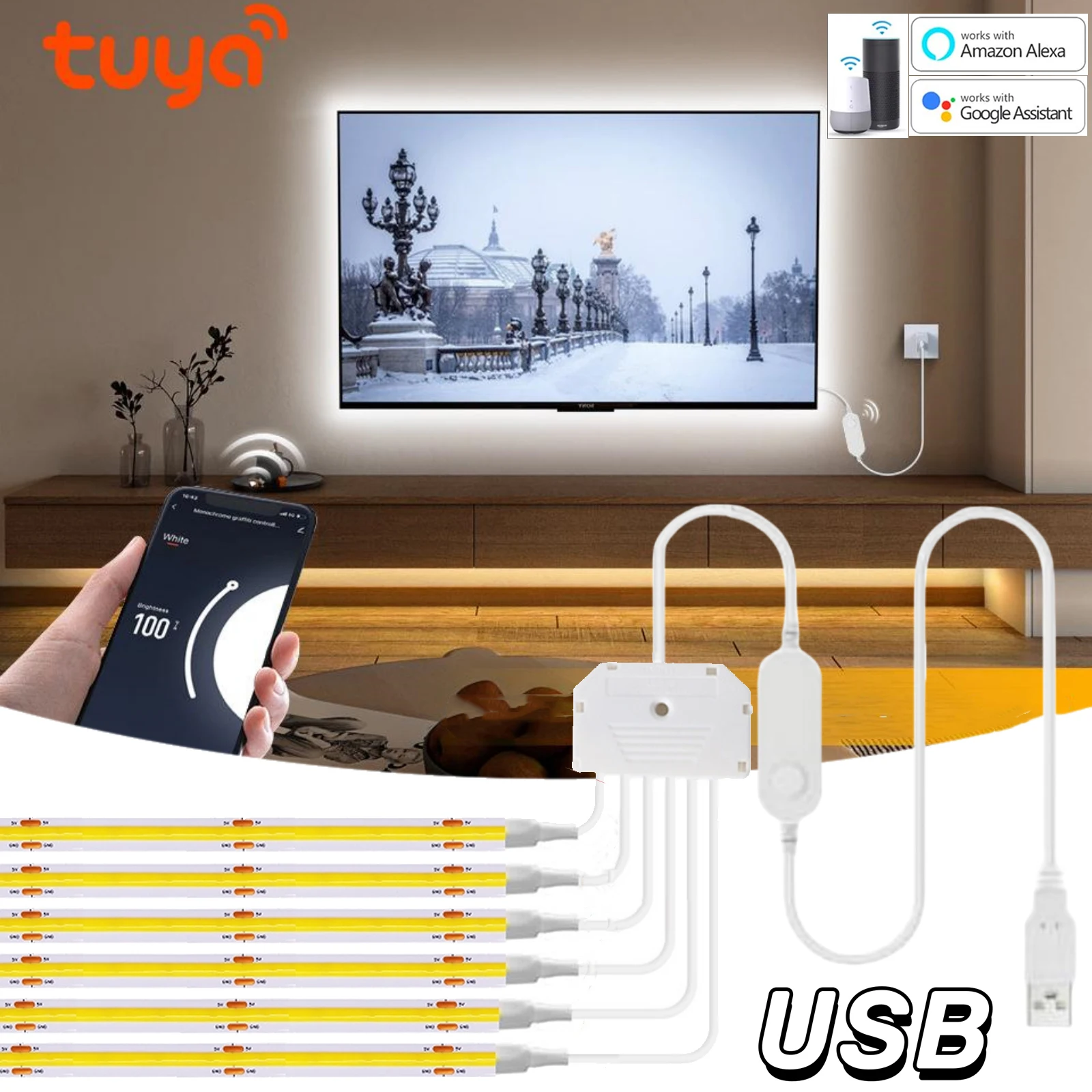 

Tuya LED Tape COB Light Strip 5V Wifi App Control USB LED Strip Flexible Ribbon Lamp Under Cabinet Light Natural Warm White