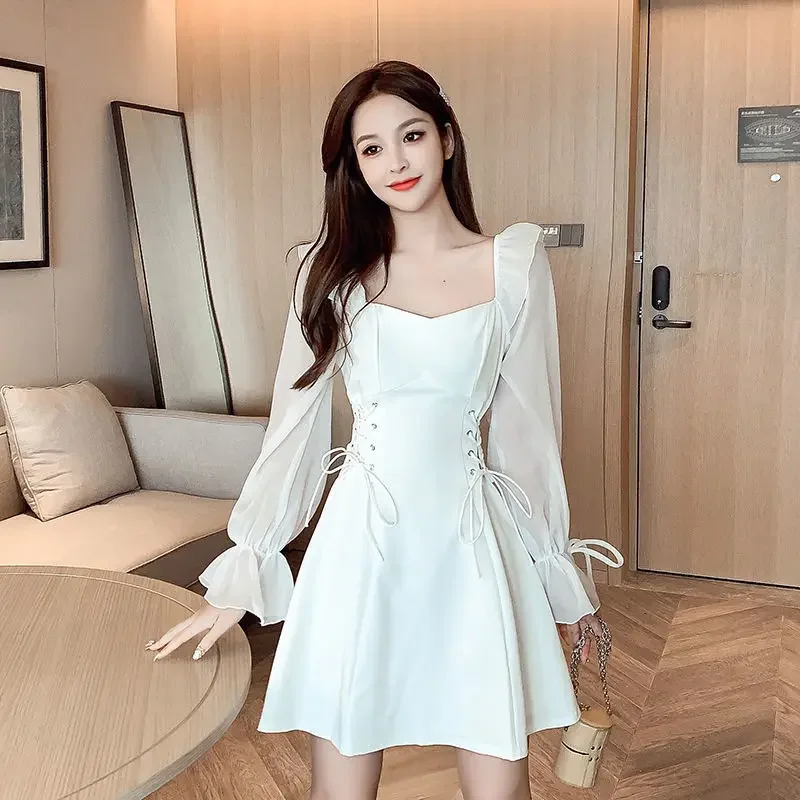 Black Dresses for Women White Chiffon Woman Long Sleeve Dress Spring Autumn 2025 Aesthetic Full Cheap Casual Elegant Chic Youth