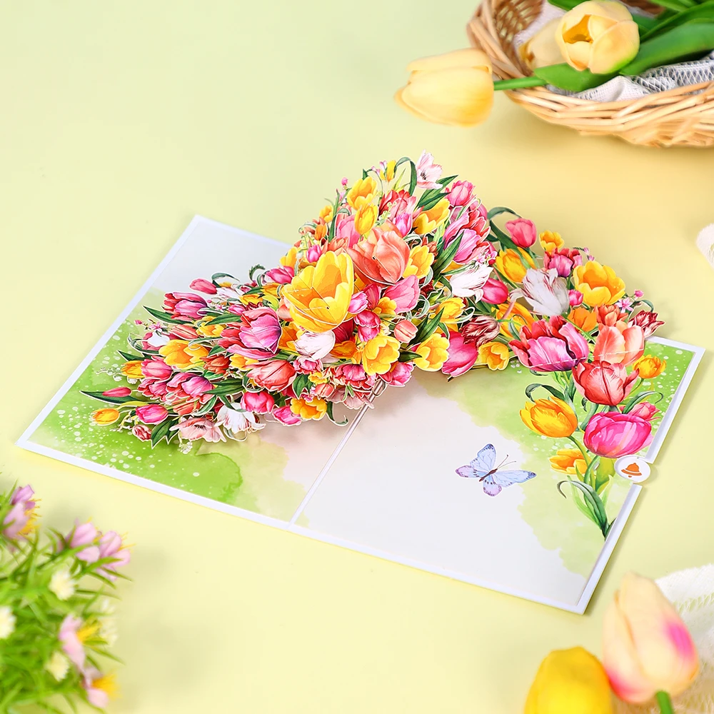 1pc Tulip Daisy Butterfly Pop-Up Card, Mother`s Day Valentine`s Day, Happy Birthday Greeting Card with Note
