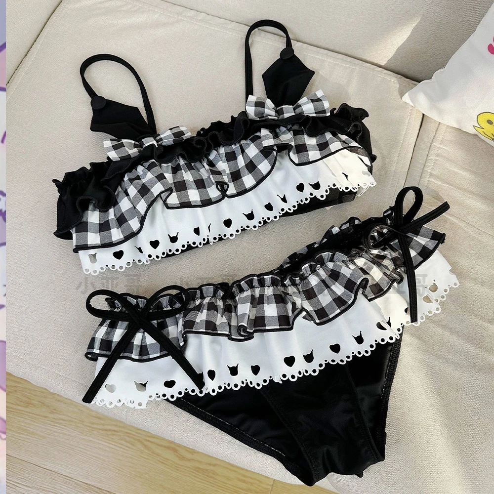 2025 Japanese Style Kawaii Plaid Women's Swimsuit Sweet Printed Vest Bikini Swimsuit Women's Pleated Skirt Bikini Cute Set Swi