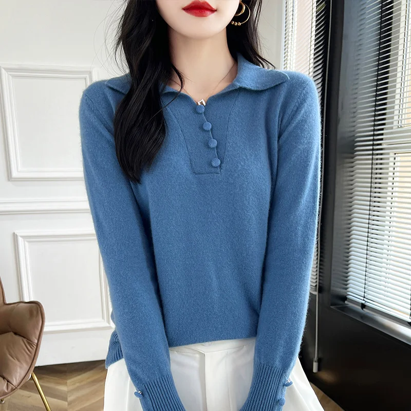 

2024 Autumn/Winter New POLO Collar Cashmere Sweater Women's Loose Korean 100% Wool Knitted Pullover Casual Solid Color Soft Top