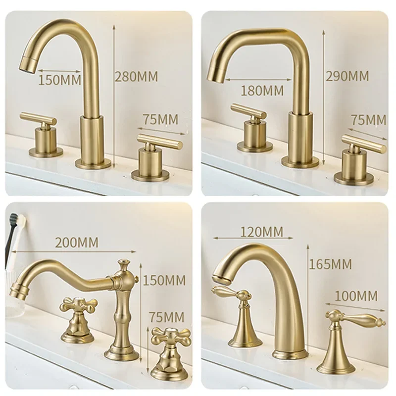 Brushed Gold Basin Faucet Total Brass Dual Handle 3 Holes Bathroom Sink Faucet Deck Mounted Cold Hot Vintage Mixer Taps
