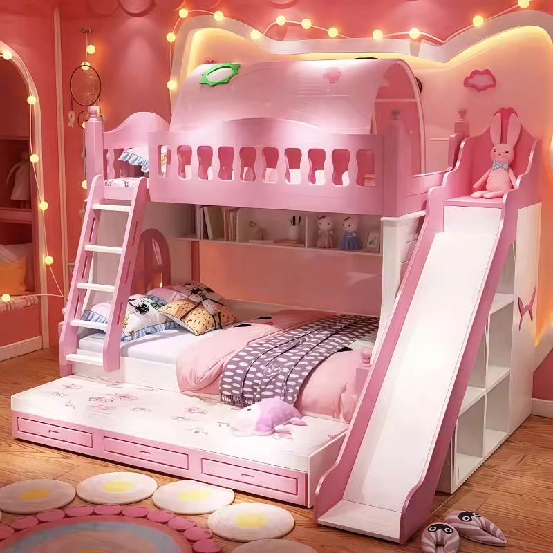 

Children's Bunk Bed Pink Sister Functional Storage Bedroom Furniture Saving Space Child Bed Letto A Castello Bambini Furniture