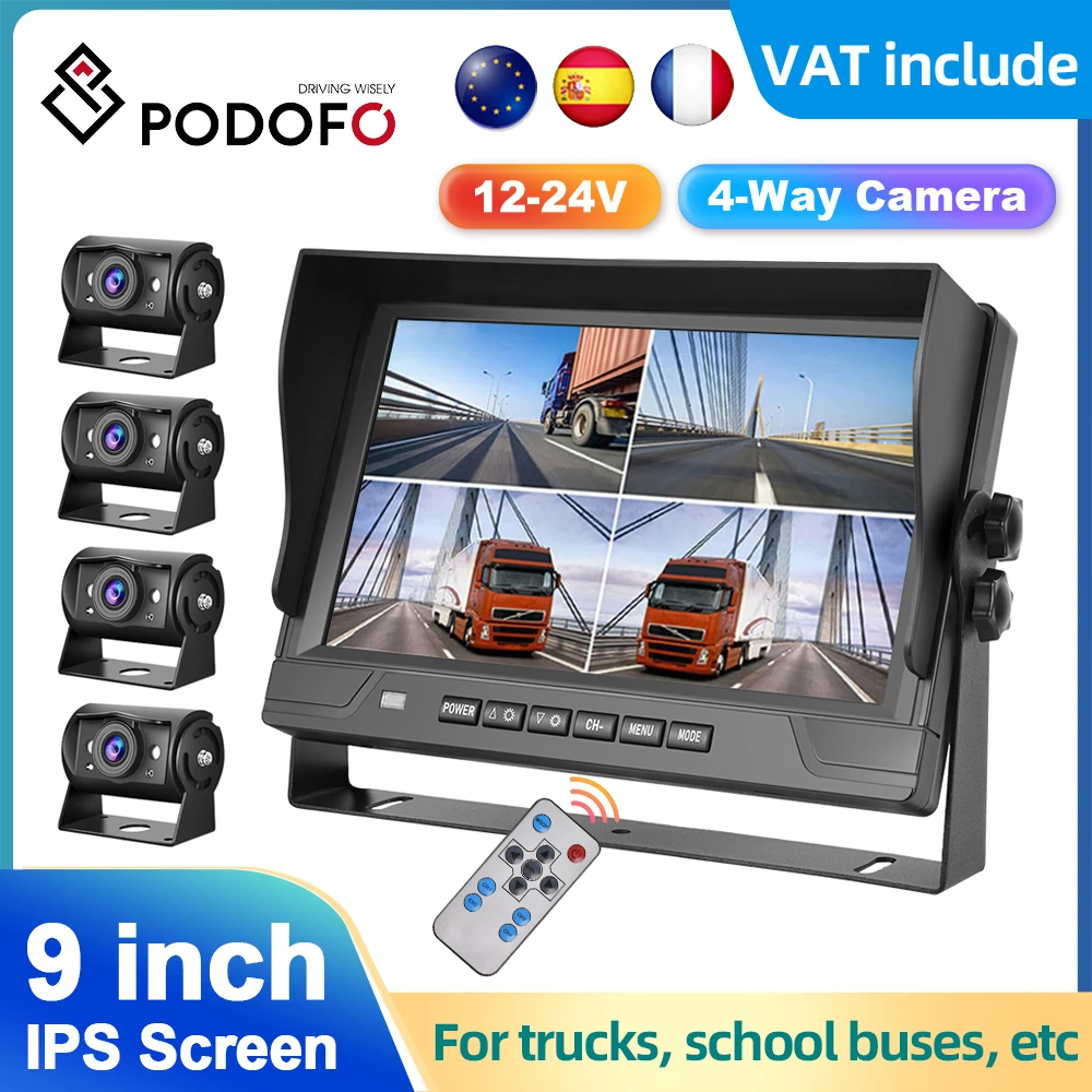 Podofo 9inch Rear View Monitor with 4 Backup Camera 4 Split Display Video Recording Infrared Night Vision For Bus Trucks 12-24V