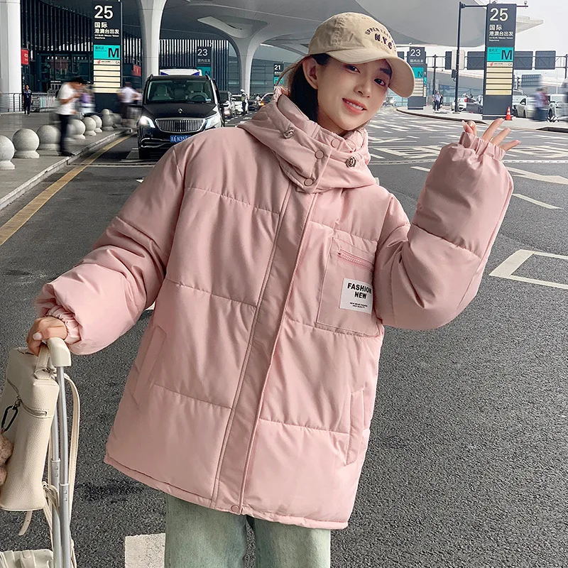 

Korean Patchwork Parkas for Women Loose Stand Collar Hooded Parka Jacket Woman Winter Fashion Zipper Up Cotton Jacket Female