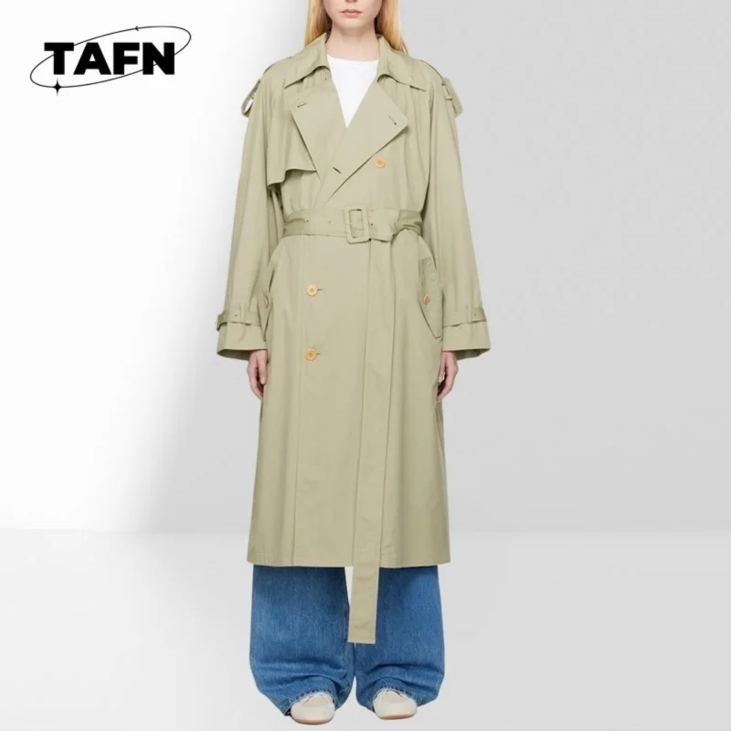 Cotton Women Oversized Long Trench Coat Notched Lapel Breasted Epaulet Shoulder Belted Waist Outerwear BH1960