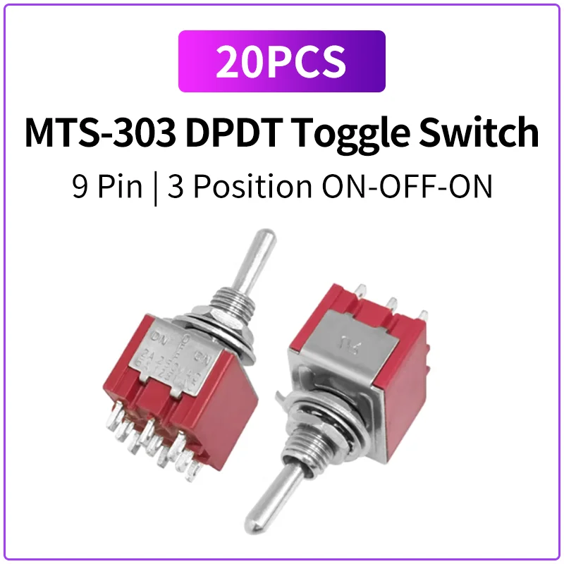 20PCS MTS-303 MTS303 DPDT 9 Pin 3 Position ON-OFF-ON 5A 125VAC 2A 250VAC Mini Toggle Switch Panel Mount with Red Handle