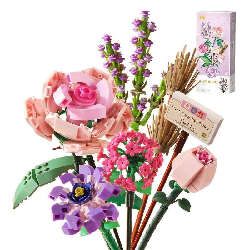 

MOC довольно розовые строительные блоки, букет цветов, растение, украшение для дома, сборные кирпичи, детские игрушки, подарок на день Святого Валентина для девочек