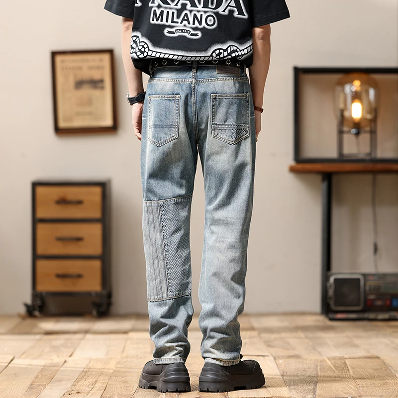 Men's patchwork slim fit small straight leg pants embroidered  personalized long pants men clothing  jeans for men cargo pants