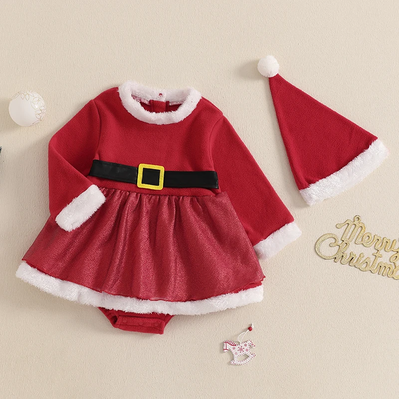 

Suefunskry Baby Girls Christmas Romper Dress Fuzzy Trim Patchwork Skirt Plush Hem Long Sleeve Bodysuit with Hat Santa Costume