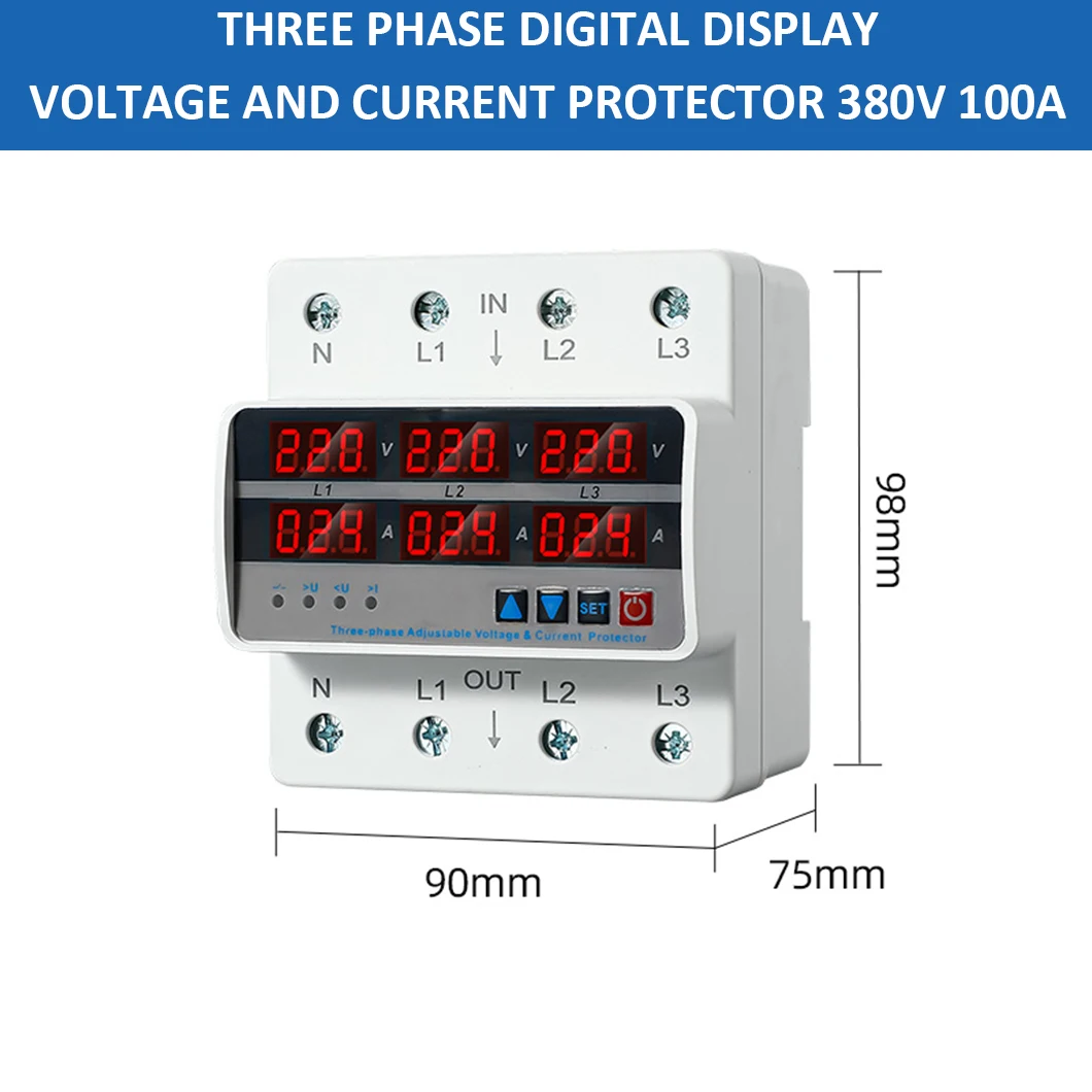 

ABILKEEN Three Phase Circuit Protector Adjustable Over/Under Voltage 1-63A/80A/100A Digital Display Intelligent Circuit Breaker